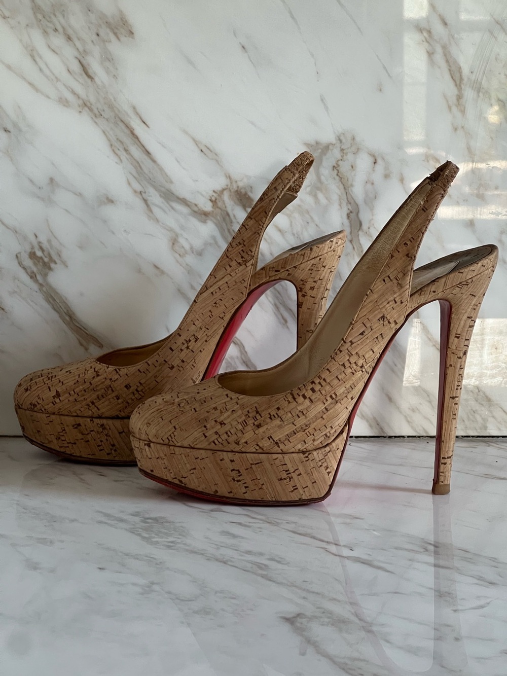 CHRISTIAN LOUBOUTIN Cork BIANCA Slingback Platform Heels Pumps 38.5 140mm